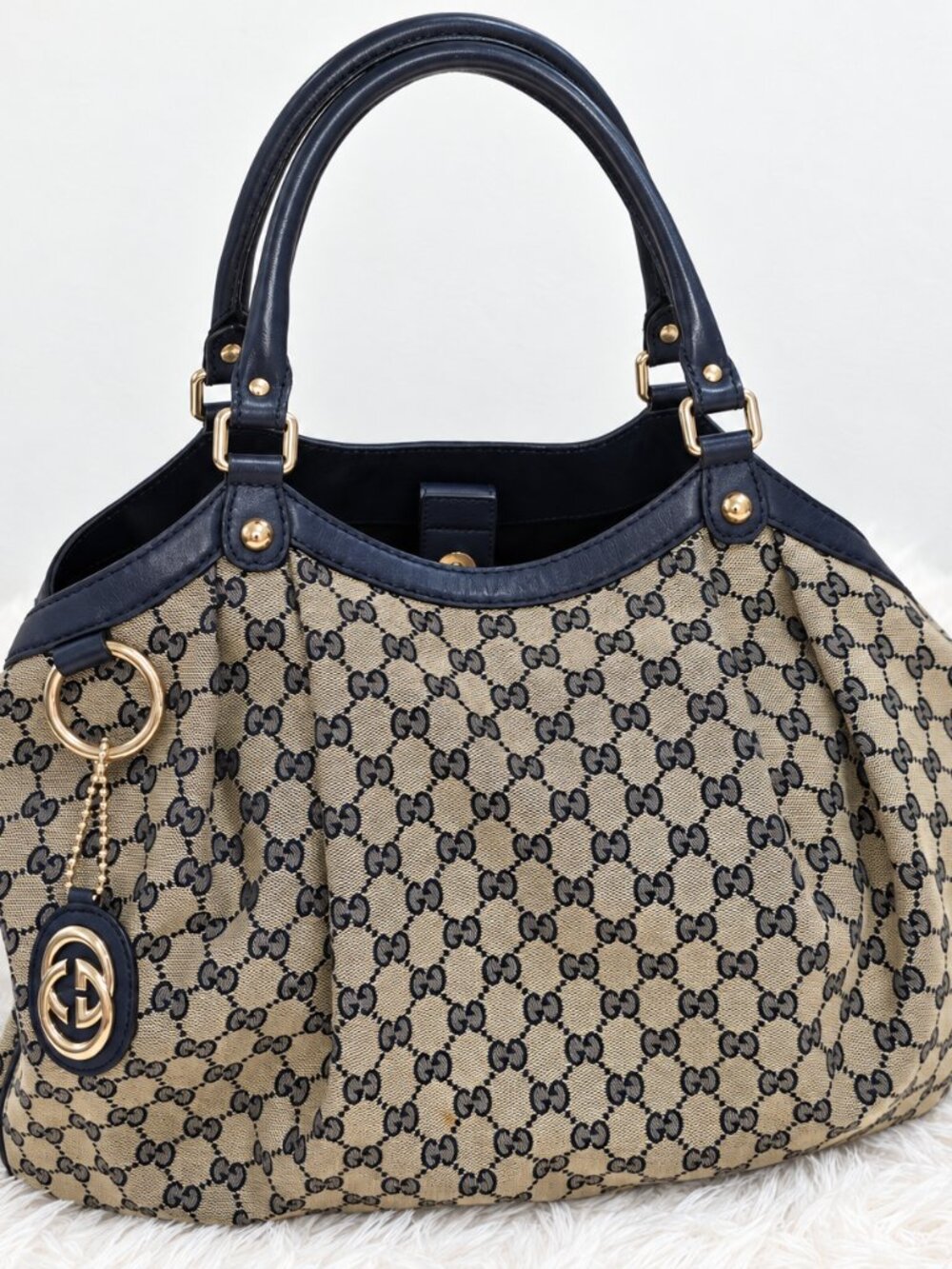 Authentic Vintage Gucci Sukey GG Canvas Navy Tote + Original Dust Bag
